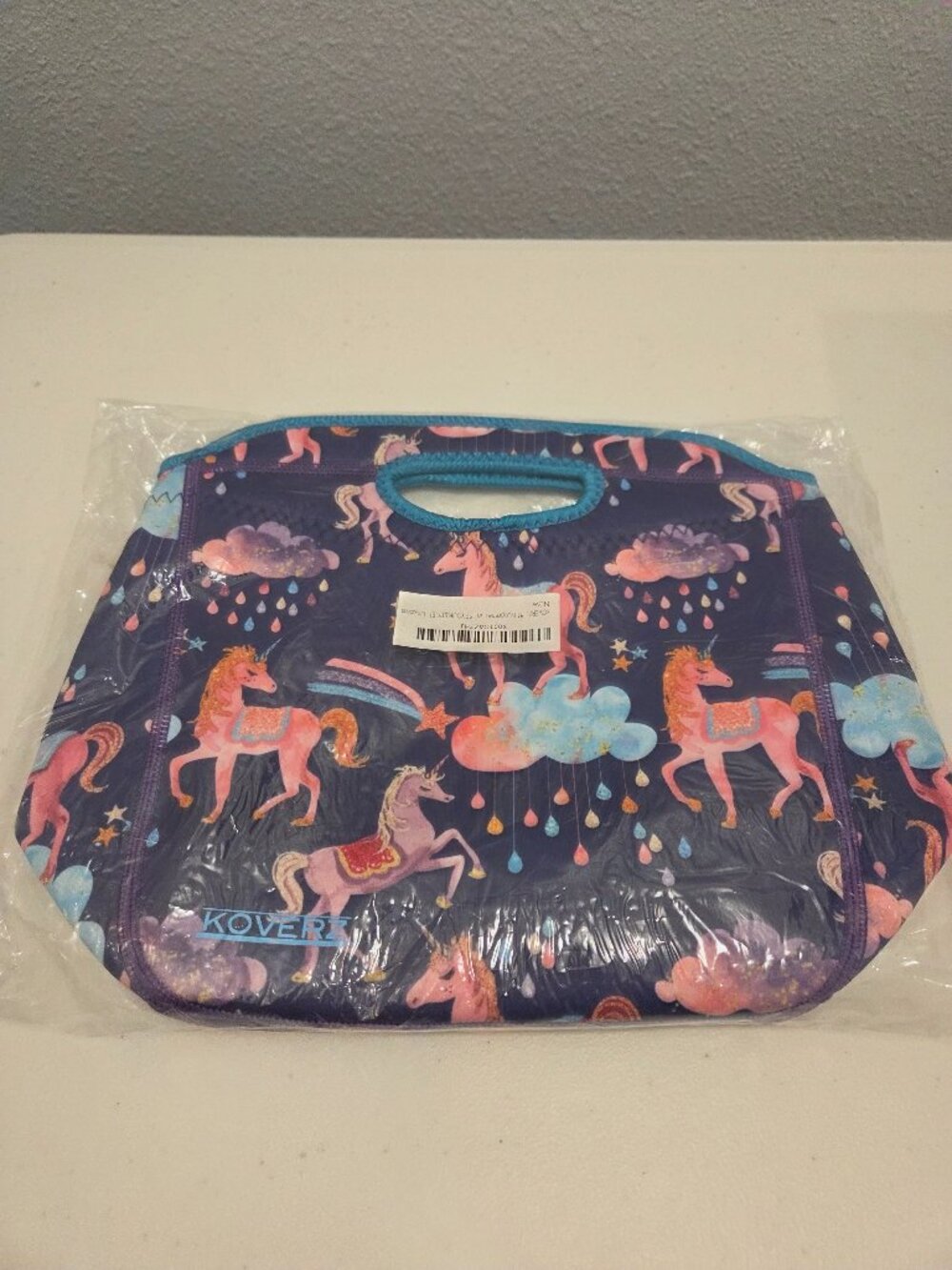 NWT Koverz Neoprene Insulated Lunch Bag Tote Unicorns Purple Pink Blue 12"
